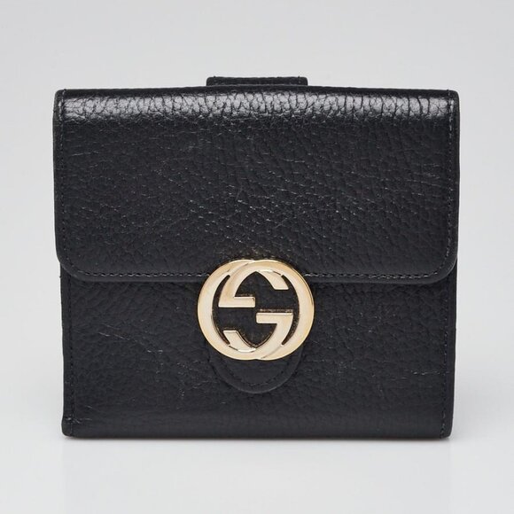 Gucci Black Pebbled Leather Interlocking Compact Wallet - Picture 1 of 8